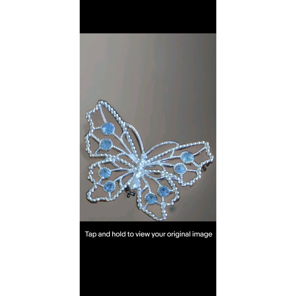 Vintage Silver Tone Openwork Butterfly Brooch Pin with Blue Rhinestones